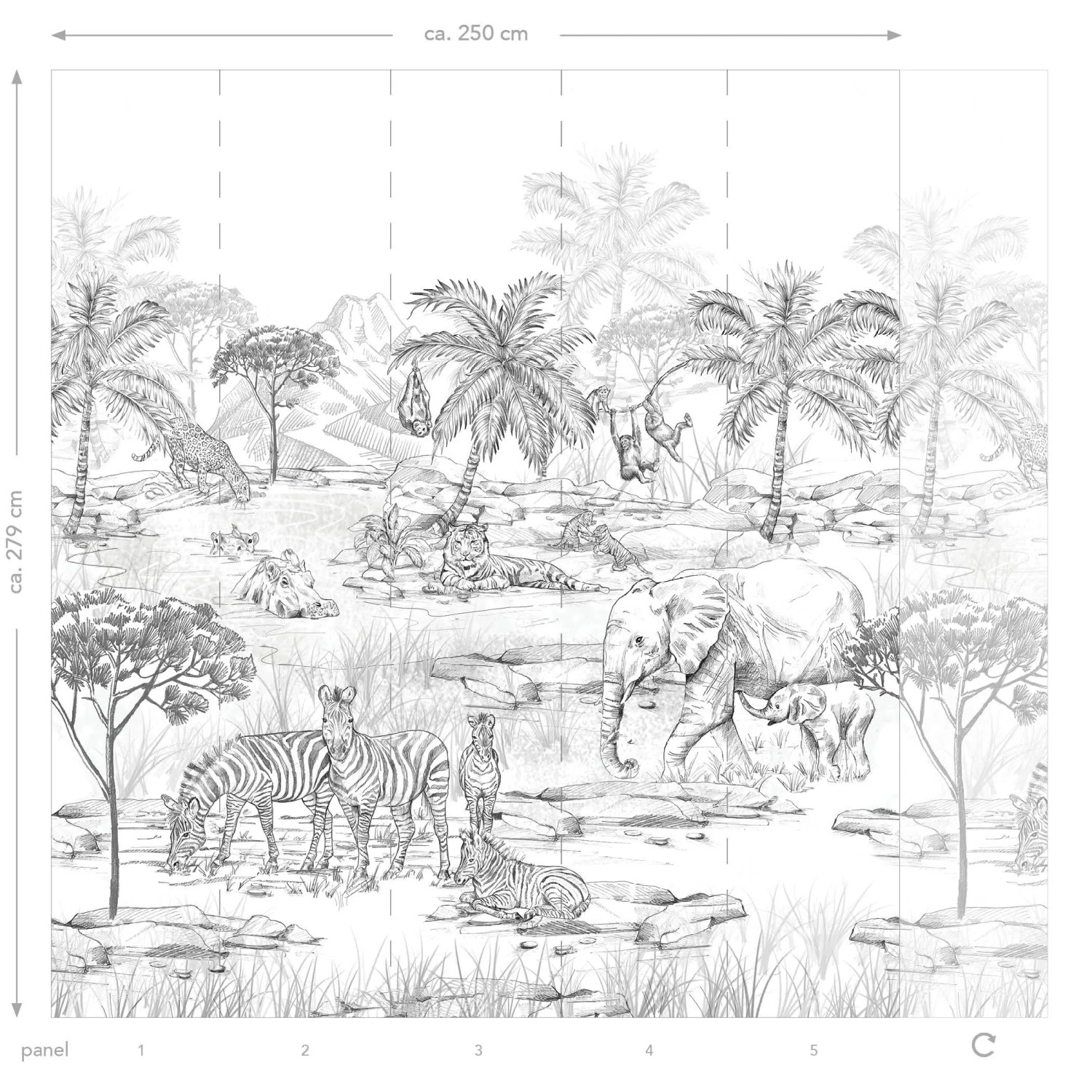 ESTAhome Fototapete Dschungeltiere in Schwarz-Weiß mit Elefanten, Zebras und Palmen.