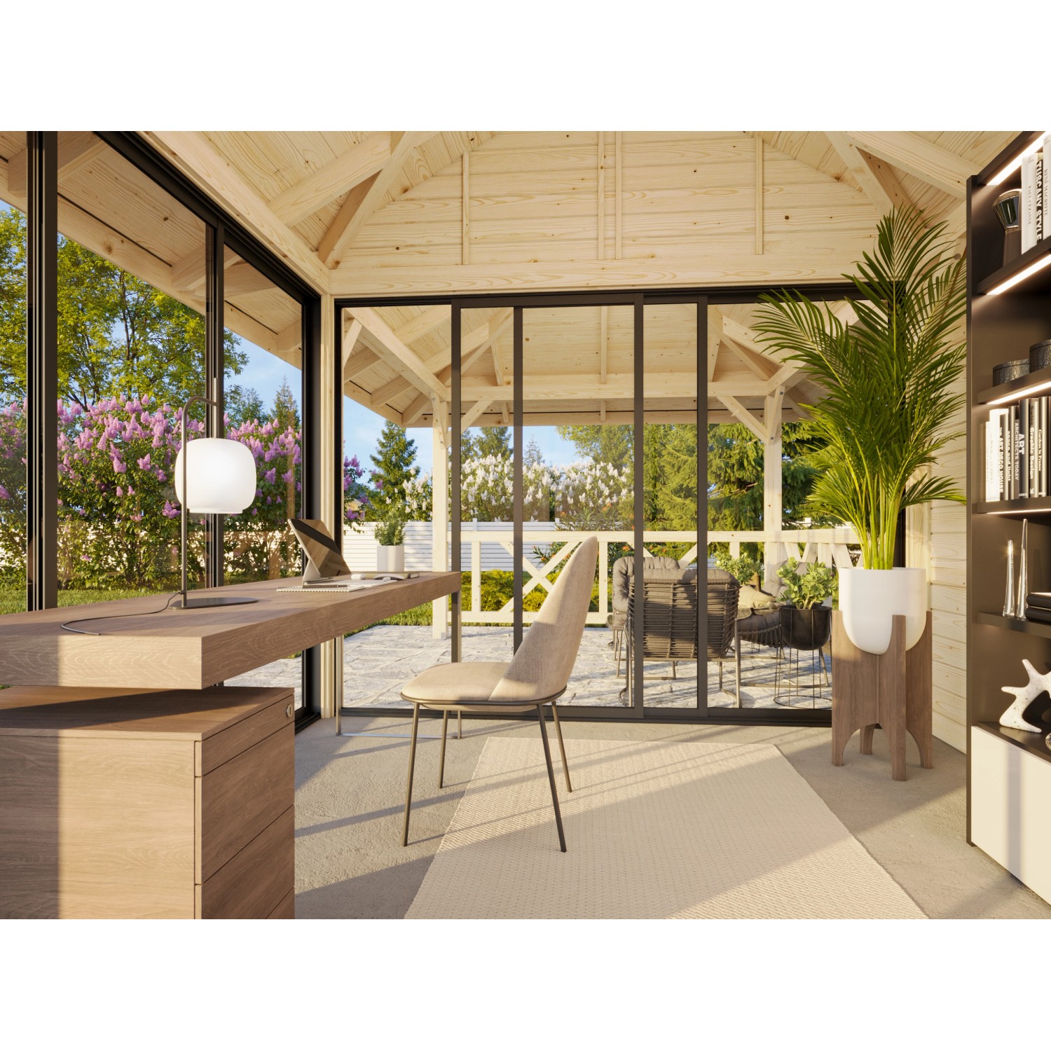 Palmako Pavillon Bianca Set 204 mit Schiebetüren, lackiert weiß. Weekendhaus mit Büroausstattung.