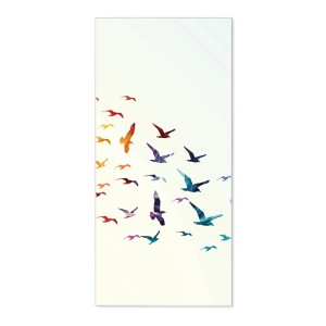 Weiße Magnettafel 37x78cm mit bunten, fliegenden Vögeln als Wanddeko.