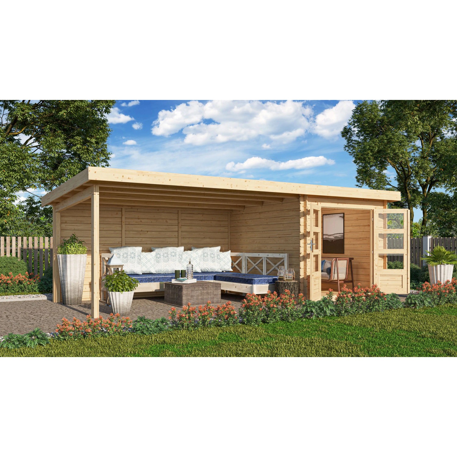 Karibu Holz-Gartenhaus Ängelholm mit Pultdach und überdachtem Bereich, naturbelassen.
