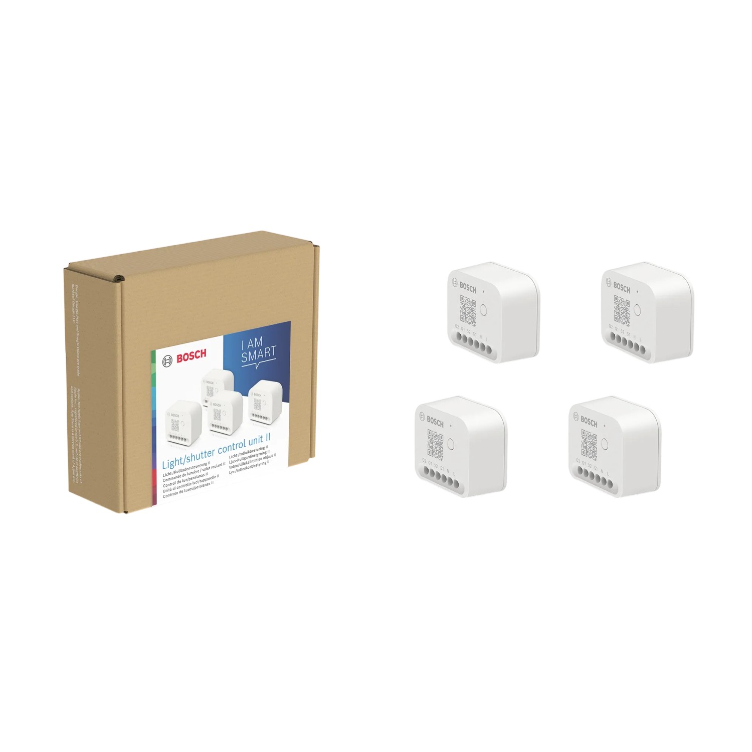 Bosch Smart Home Licht-/Rollladensteuerung II 4er-Pack. Vier weiße Module für Rollladen- und Lichtsteuerung.
