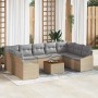 Beiges 10-teiliges Garten-Lounge-Set aus Poly Rattan mit Tisch und grauen Kissen.