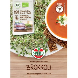 Sperli Bio Keimsprossen-Saat Brokkoli, mit Suppe und Brot auf einem Teller.