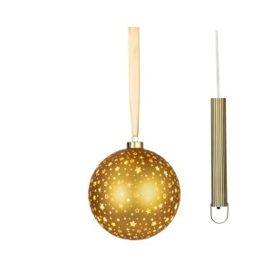 Goldene LED-Weihnachtskugel aus Glas mit Sternenmuster und warmweißem Licht, daneben Batteriefach.