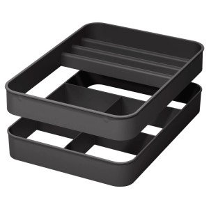 Ninka Putzmittel-Set Eins2Top: zwei dunkelgraue Kunststoffrahmen für Flaschen und Putzlappen.
