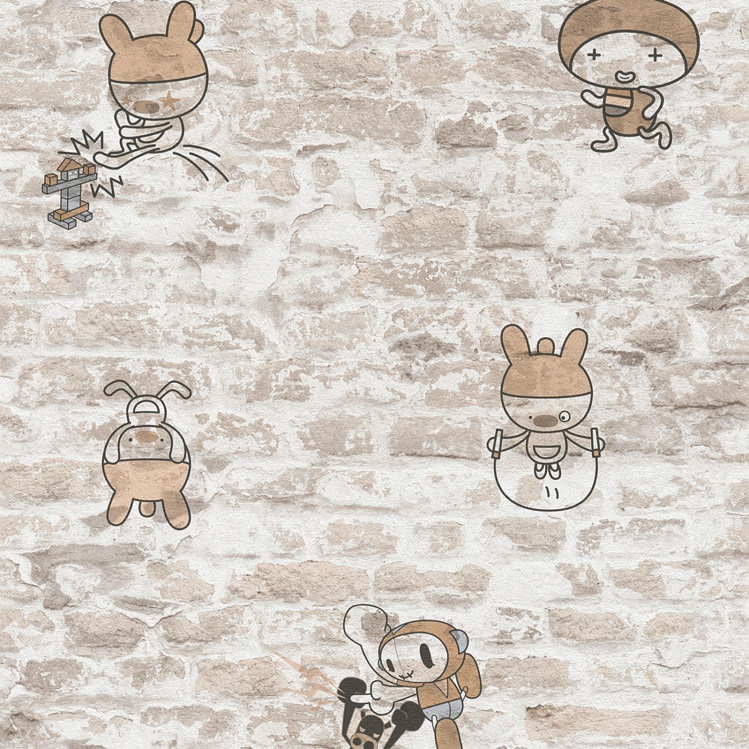 Bricoflor Papier Kindertapete in Steinoptik Stein Wandtapete für Kinderzimmer und Jugendzimmer Beige Papiertapete mit Comic Figuren auf Steinmauer
