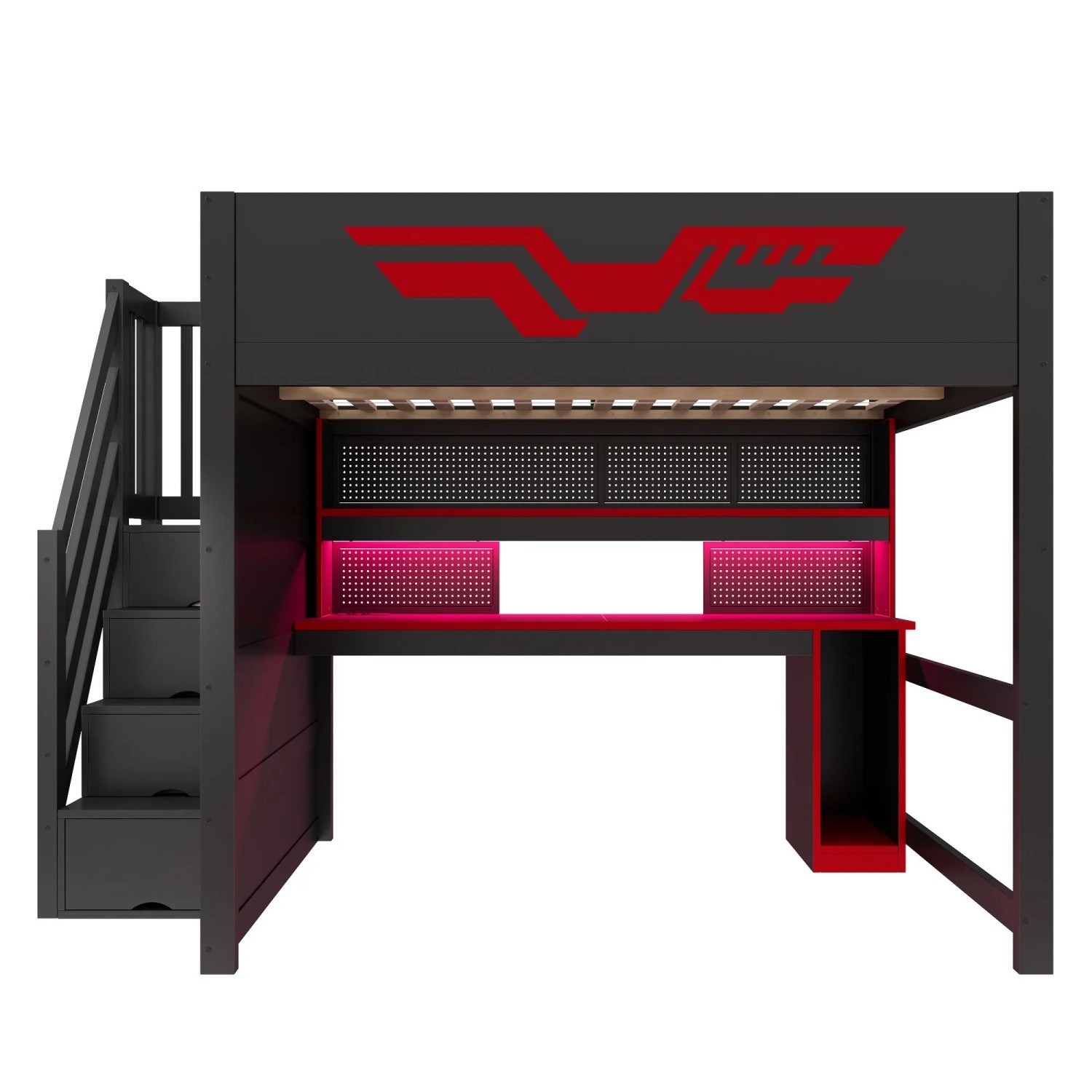 Merax Gaming Hochbett 140x200 cm Mit Schreibtisch Stauraumtreppe USB LED Schwarz