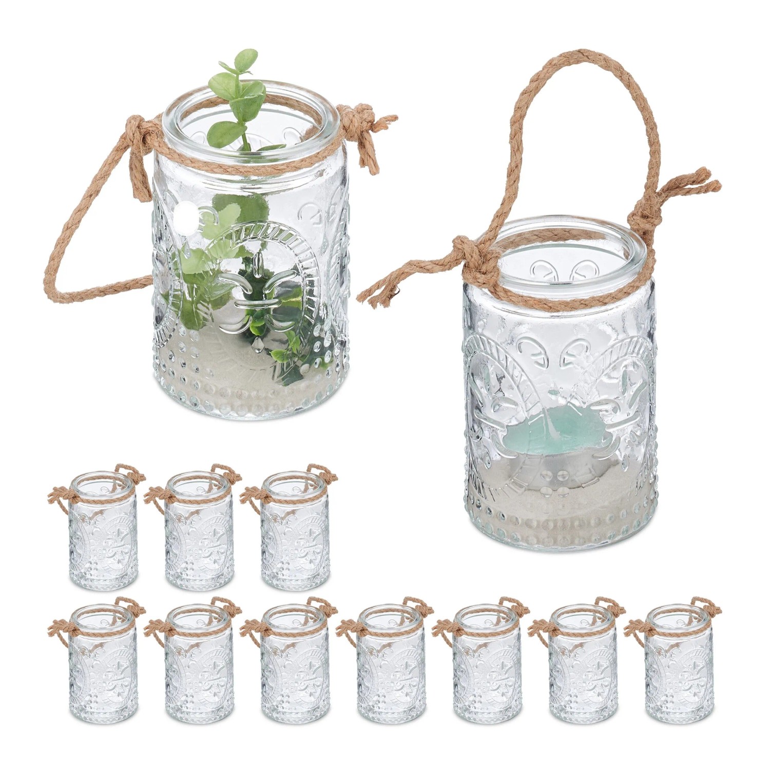 Relaxdays Windlicht 12er Set Glas Transparent Braun mit Henkel 10,5 cm x 7 cm