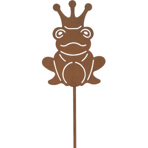 Rostfarbener Gartenstecker Frosch mit Krone, 85 cm hoch, für Beet und Pflanzkübel.