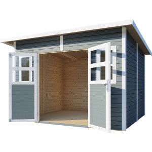 Graues Holz-Gartenhaus Felix mit Doppeltür und Lichtausschnitten, 293x245 cm.