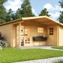 Lasita Maja Gartenhaus Little Rock, naturbelassenes Holz mit überdachter Terrasse. Ideal als Gerätehaus oder Freizeithaus.
