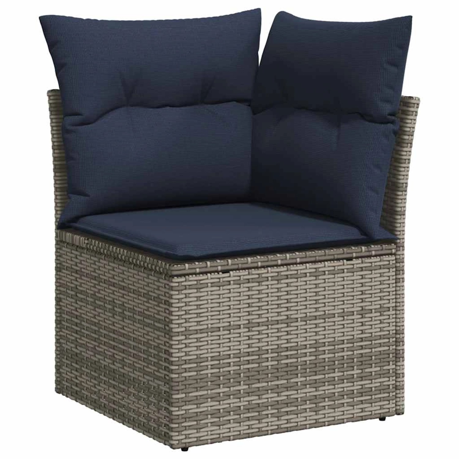 Graues vidaXL Garten Ecksofa aus Rattan mit blauen Kissen. Teil einer Sofagarnitur.
