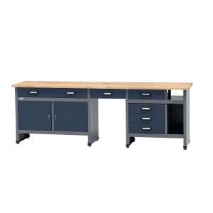 Küpper Werkbank mit Schubladen, Türen und Sitzraum, dunkelblau, mit Holzplatte.