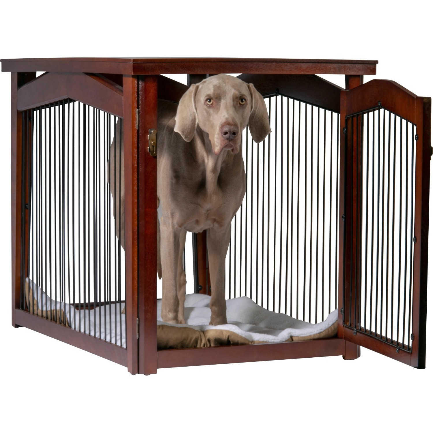 Großer, brauner Hundekäfig von Dobar im Möbeldesign mit Hund darin.