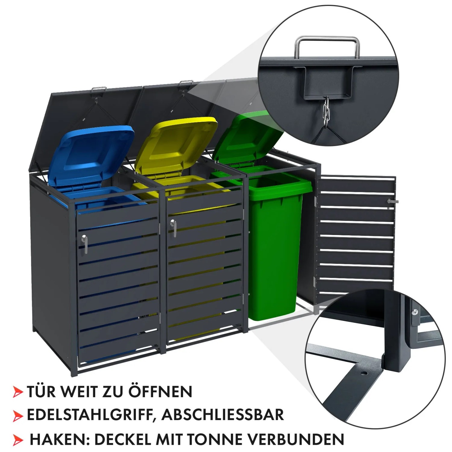 KARAT Mülltonnenbox Magnus für 3 Tonnen (60-240L) mit Edelstahlrahmen, wetterfest und abschließbar.