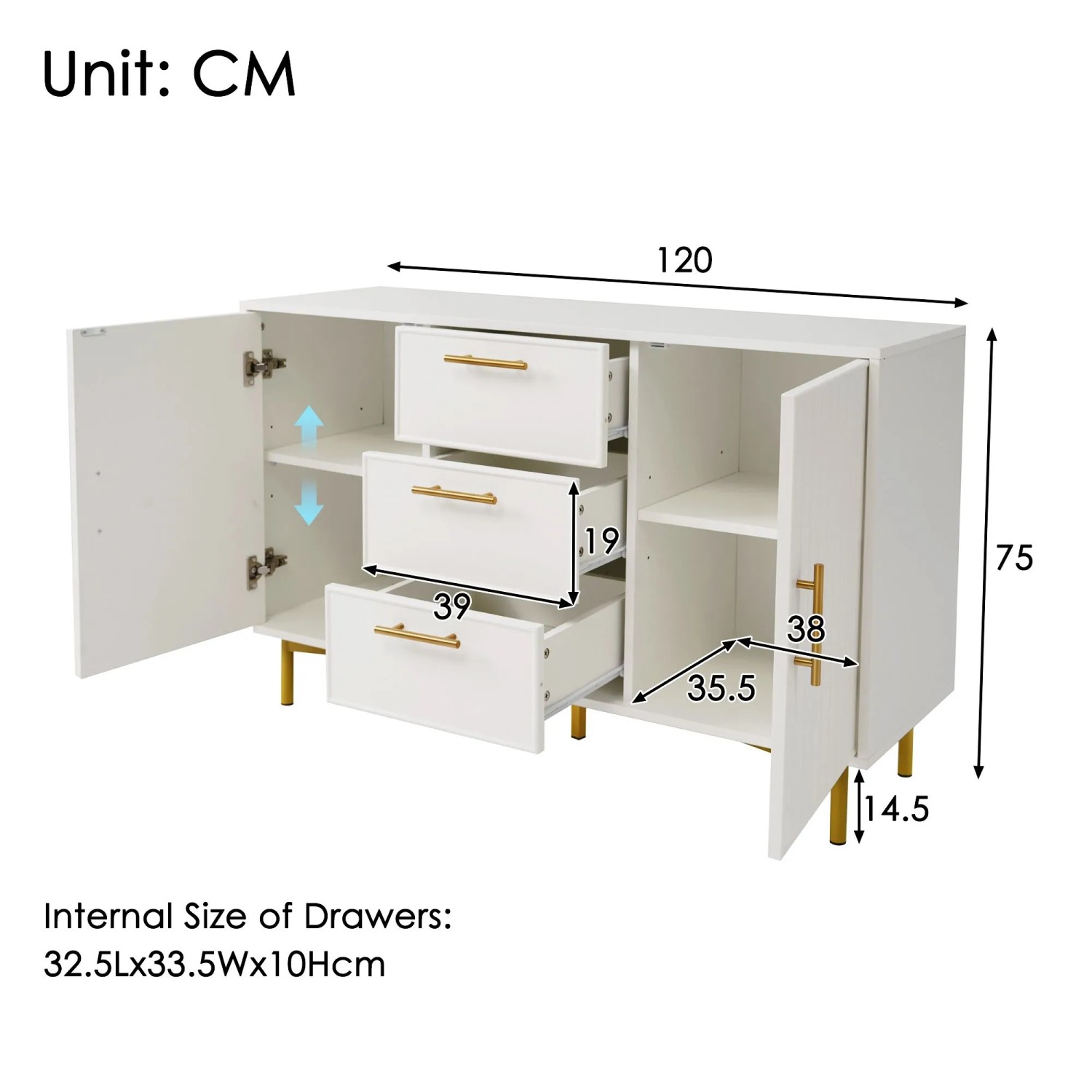 Weiße Merax Kommode 120x40x75cm mit 3 Schubladen, 2 Türen, goldenen Griffen und verstellbaren Einlegeböden.