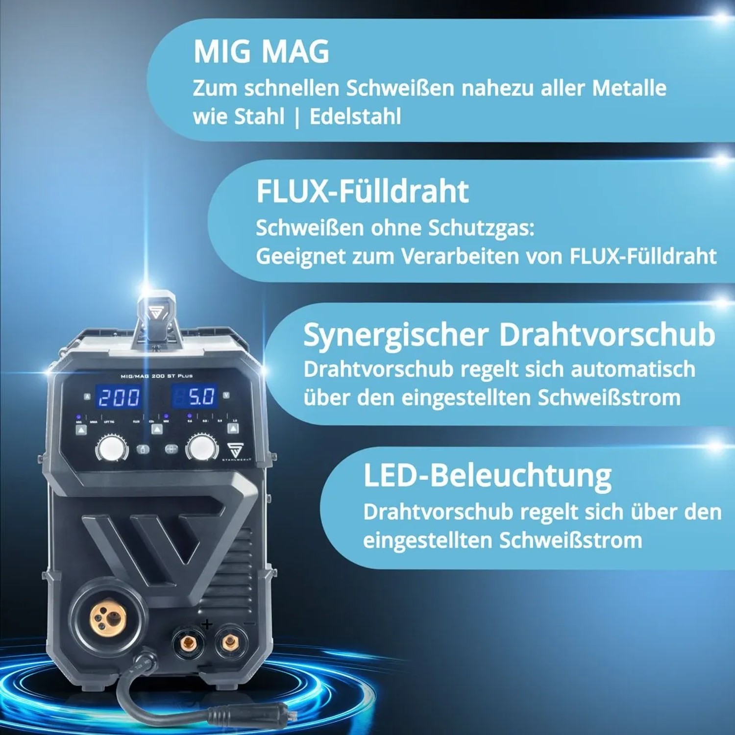 STAHLWERK MIG MAG 200 ST Schweißgerät: Inverter Schweißmaschine mit Zubehör für vielseitige Schweißarbeiten.