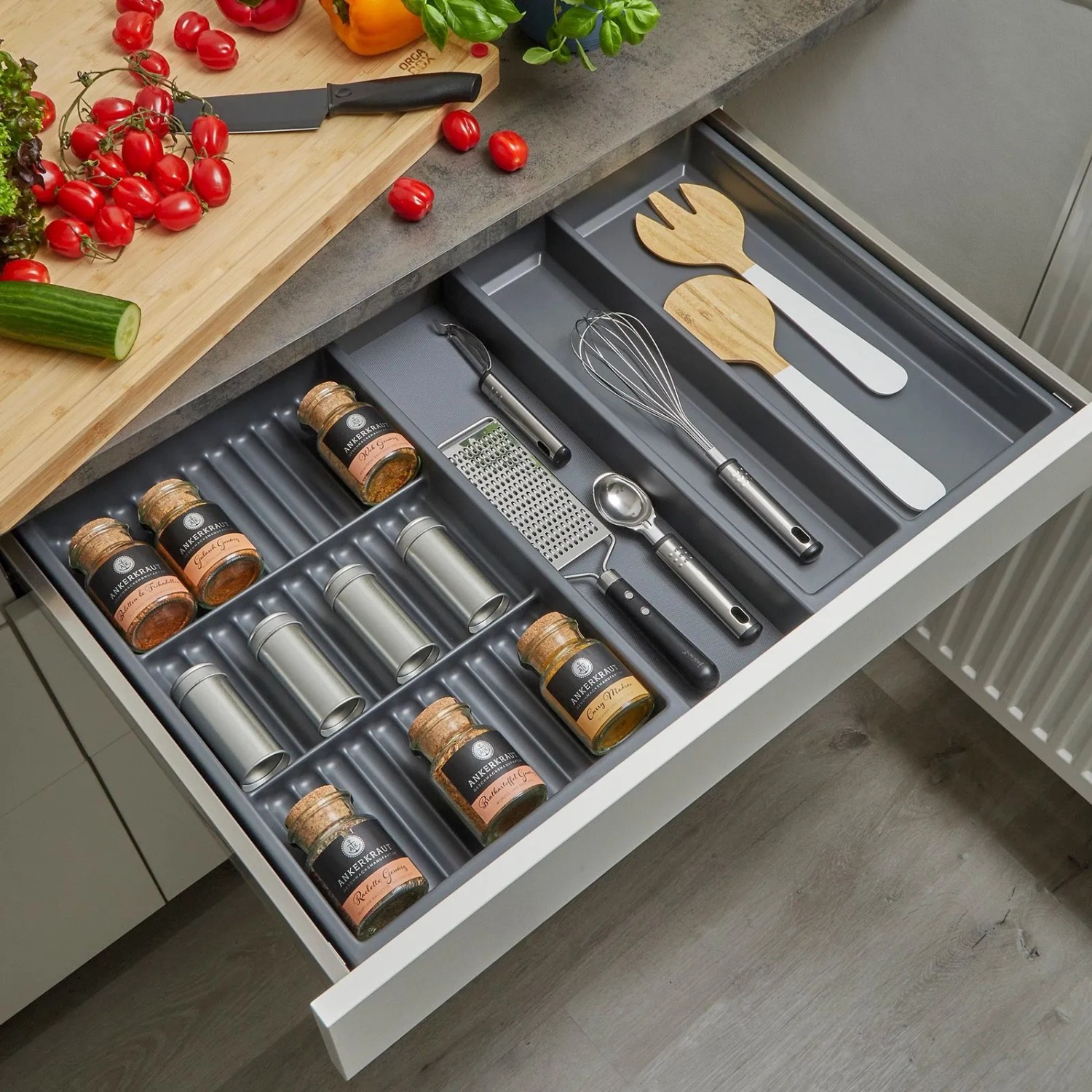 SOTECH ORGA-BOX Vario SET 3 Anthrazit für 80er Schublade Mehrzweckeinsatz Gewürzeinsatz Antirutschmatte Orga-Weave_4