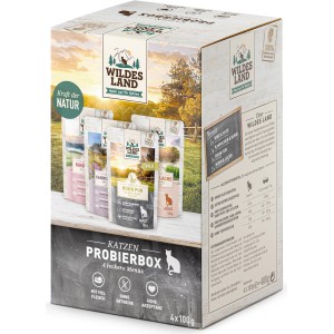 Wildes Land Katzen-Nassfutter Probierbox mit 4 Sorten à 100g im Karton.