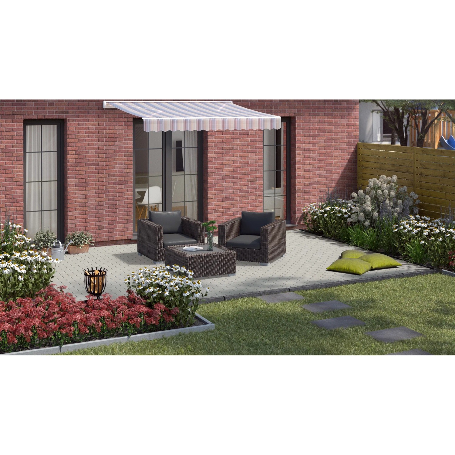 Graue Rechteck-Pflastersteine 20x10x6 cm auf Terrasse mit Gartenmöbeln.