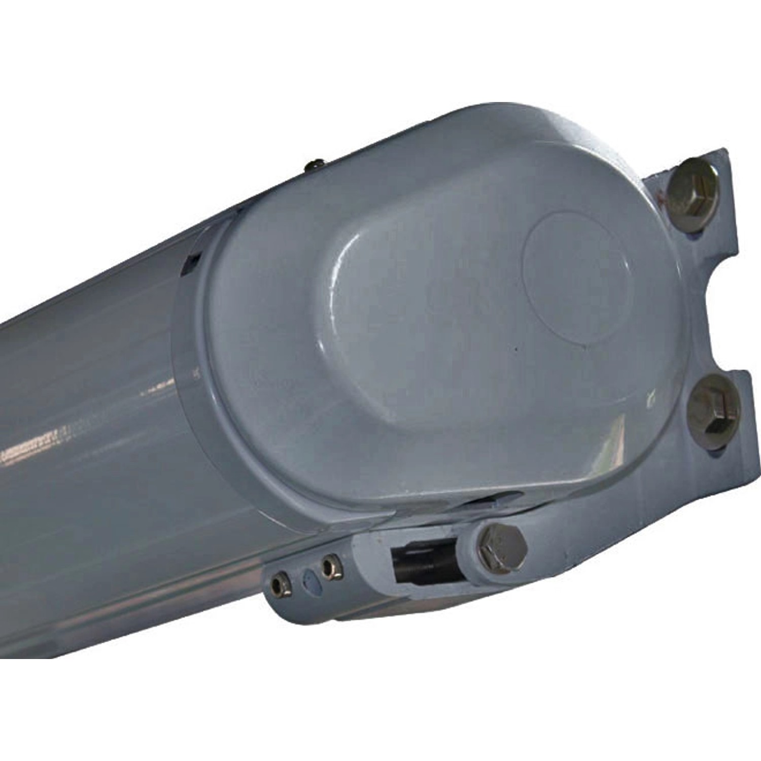 Detailaufnahme der grauen MCW Kassetten-Markise 4x3m mit Volant, Gehäuse aus Aluminium.