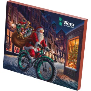 Wera Adventskalender 2023 mit Santa auf Fahrrad vor Häuserkulisse, 28-teilig
