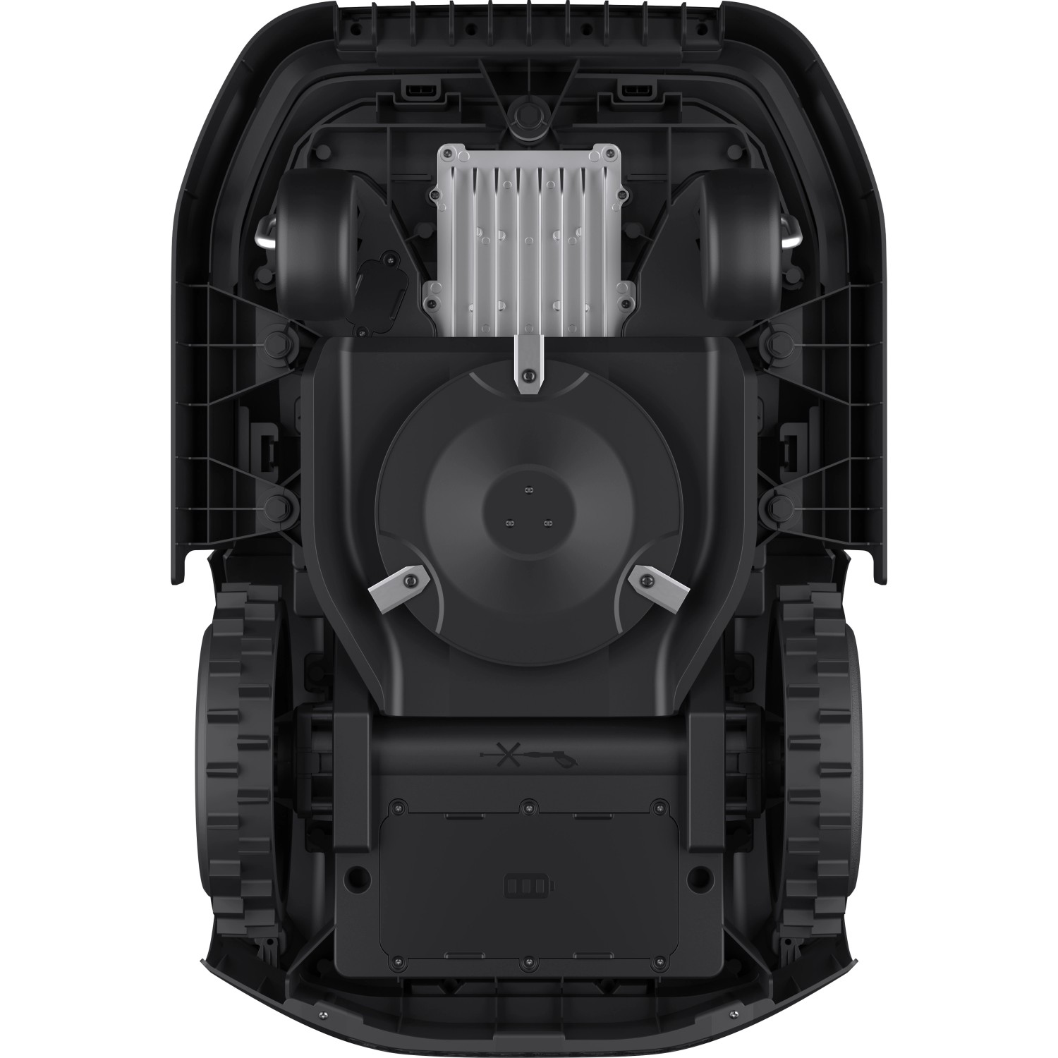Unterseite des ECOVACS GOAT G1 Mähroboters mit Messer und Rädern.