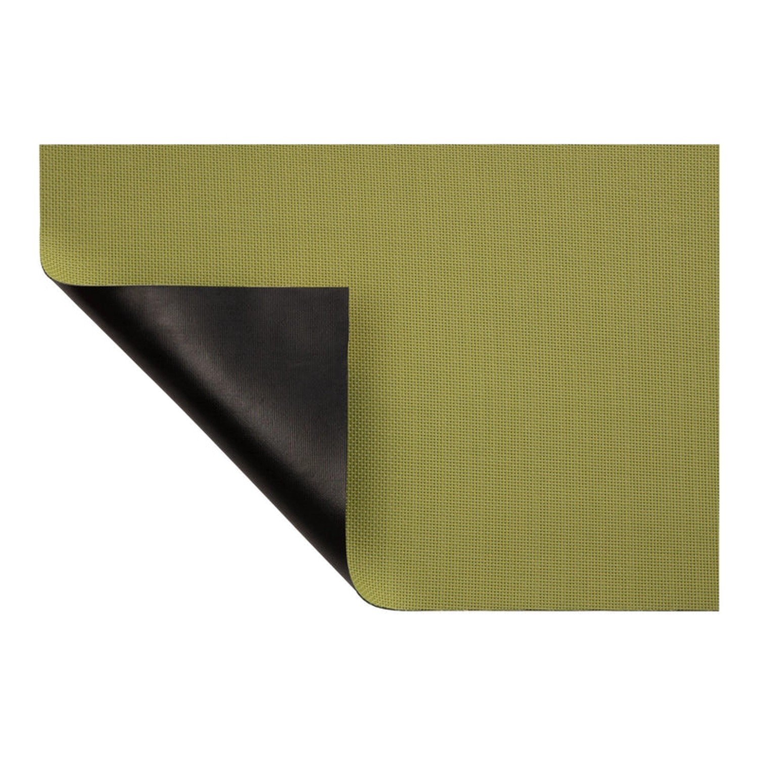 Wetterfester, olivgrüner Outdoor Teppich Aversa für Terrasse und Garten, Rückseite schwarz.