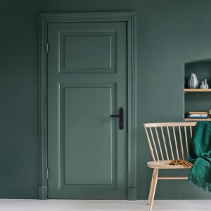 Tür und Wand in edelmattem Grün (Held des Waldes®) mit Alpina Feine Farben Lack gestrichen.