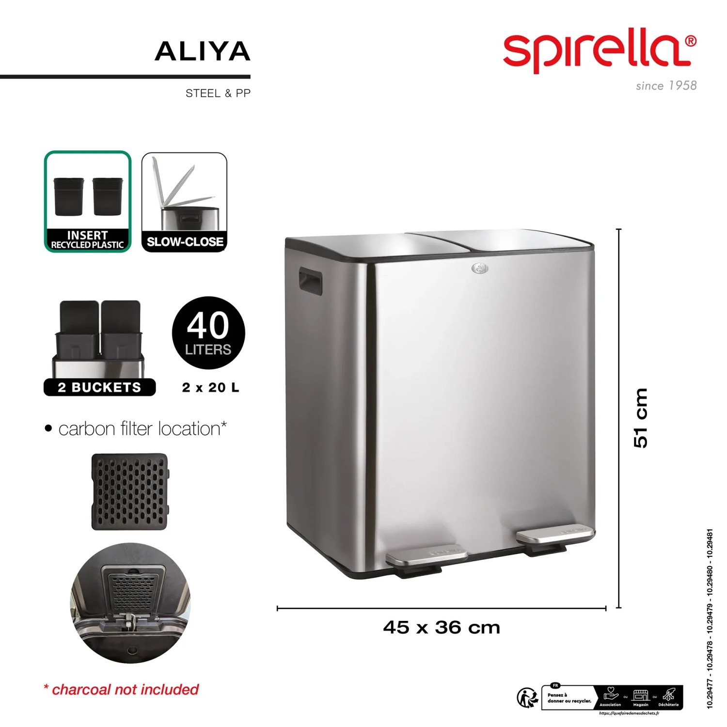 Spirella Kosmetikeimer Aliya, 2x20L, Schwarz Matt, Trennmülleimer mit zwei Fächern und Pedal.