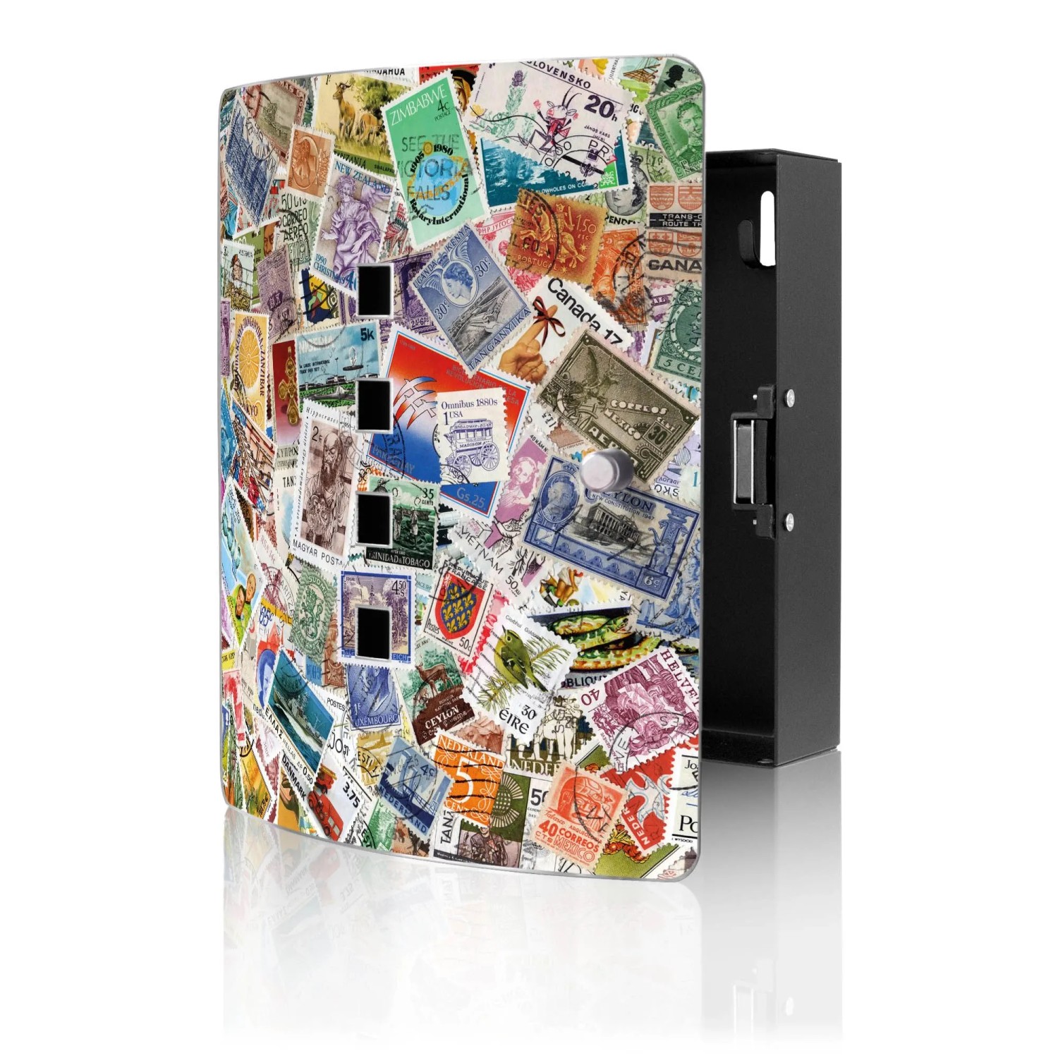 Banjado Design Schlüsselkasten Aus Edelstahl Für 10 Schlüssel 24x21,5x7cm Mit Magnetverschluss Motiv Briefmarken