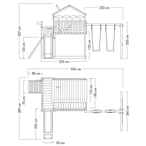 Maße des Wickey Spielturm Smart Coast mit Rutsche und Schaukel in Pastellgrün.