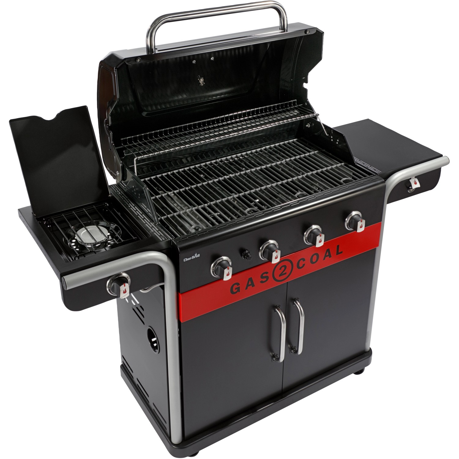 Char-Broil Gas2Coal 2.0 440 Hybridgrill mit 4 Brennern und Seitenbrenner. Gas- und Holzkohlegrill.
