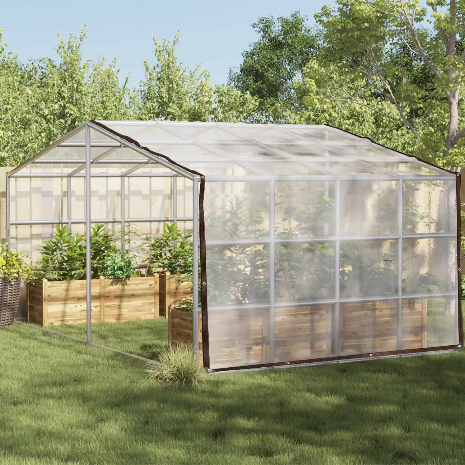 Transparente vidaXL Plane 4x4m aus Polyethylen mit Ösen zum Abdecken im Garten.