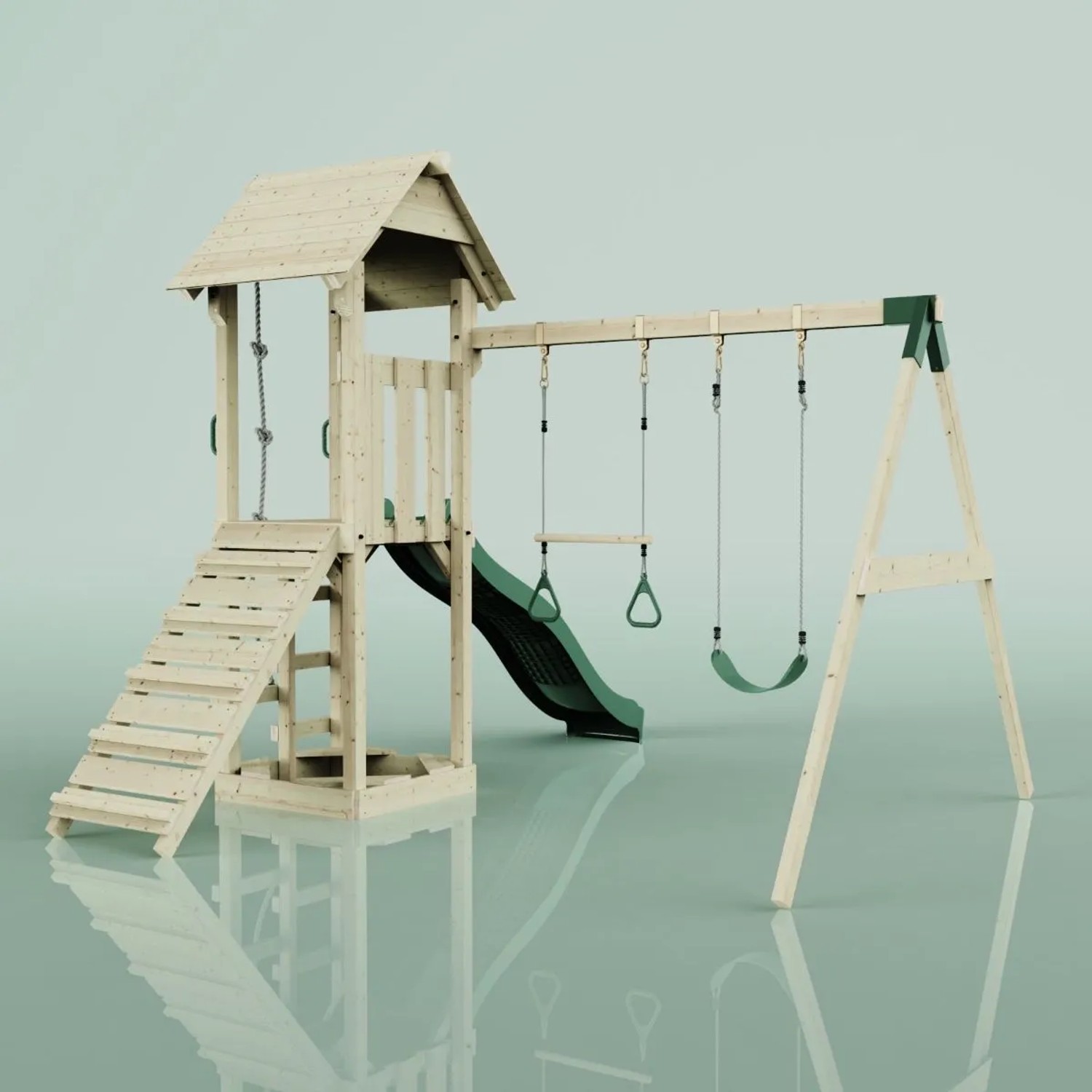 PolarPlay Spielturm Vimmerby mit Schaukel, Trapezstange und grüner Rutsche.