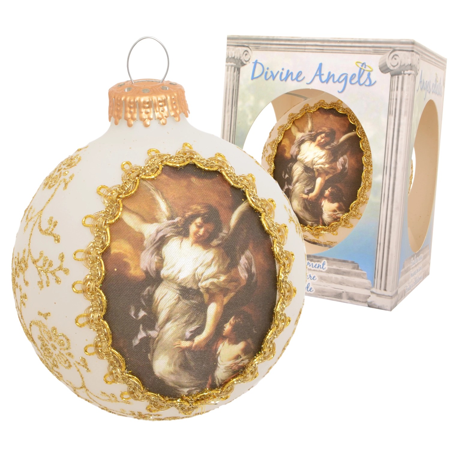 Krebs Glas Lauscha Weihnachtskugel Seidenbild Engel und Engelskind Weiß 8cm