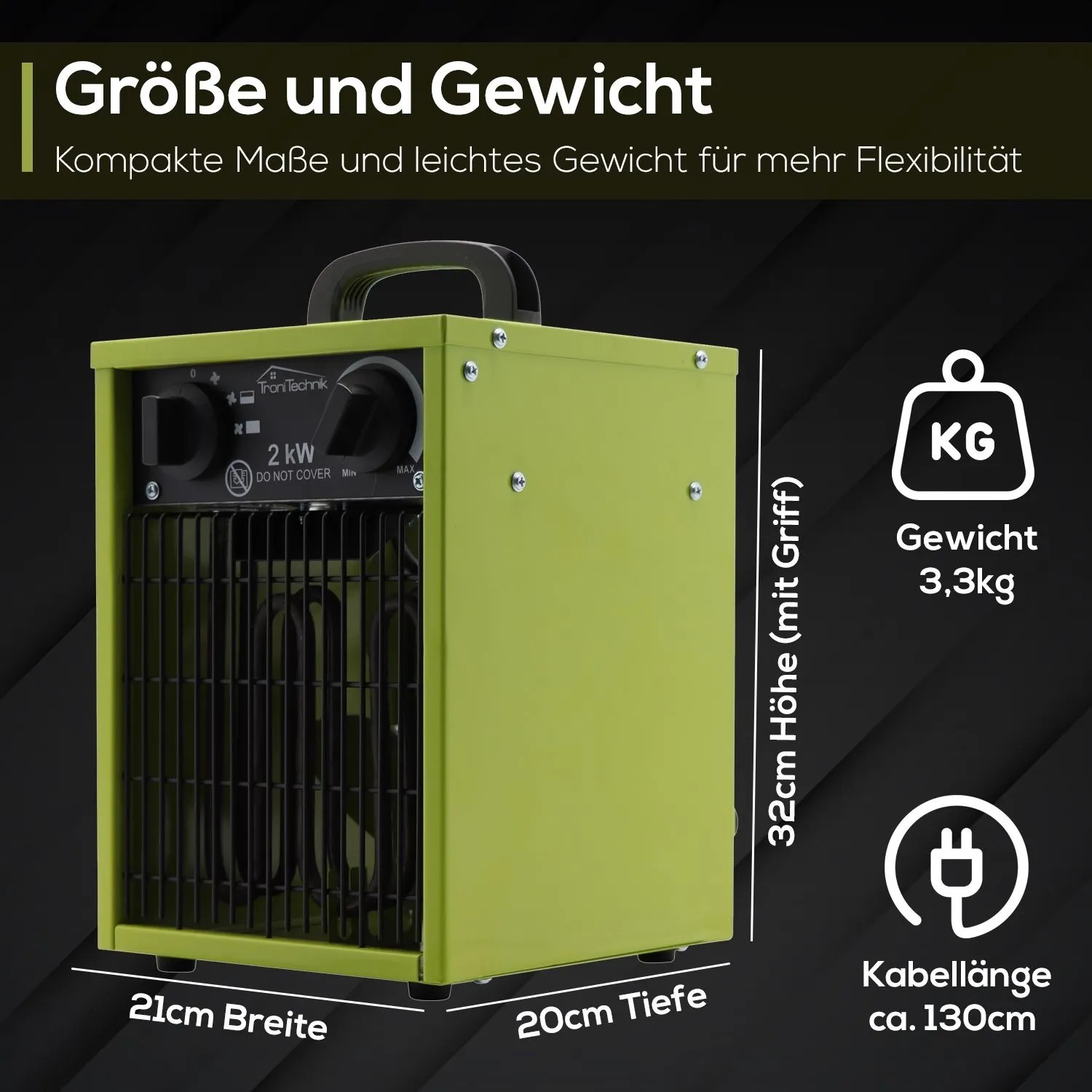 Tronitechnik Heizgerät Heizlüfter Heizung 2000 Watt Tragegriff Stahl Thermosteuerung_7