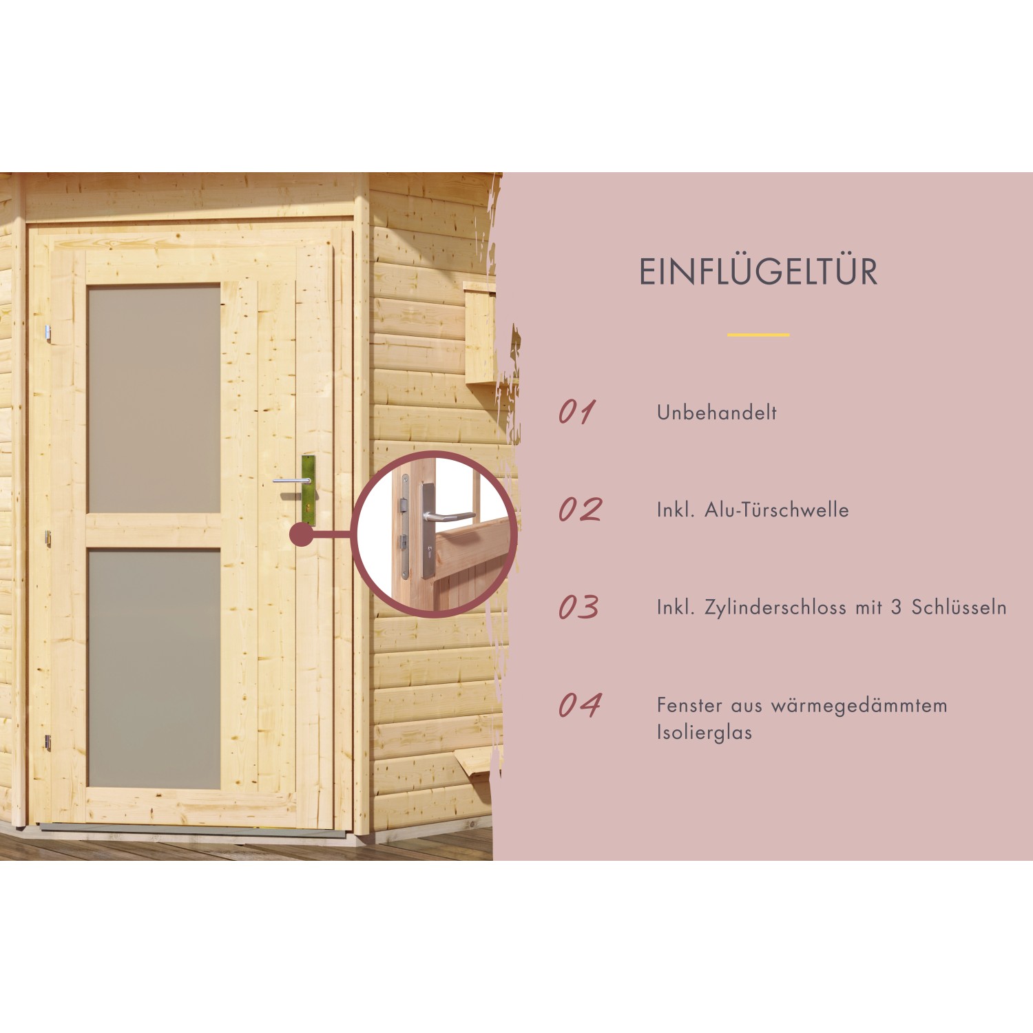 Karibu Türpaket für Außensauna, naturbelassen mit Milchglasoptik, 78x175cm.