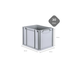 Graue PROREGAL Eurobox Nextgen Economy, 30 Liter, mit Griffen und Maßangaben.
