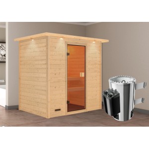 Karibu Sauna Selena mit Ofen und LED-Dachkranz aus Naturholz mit bronzierter Glastür.