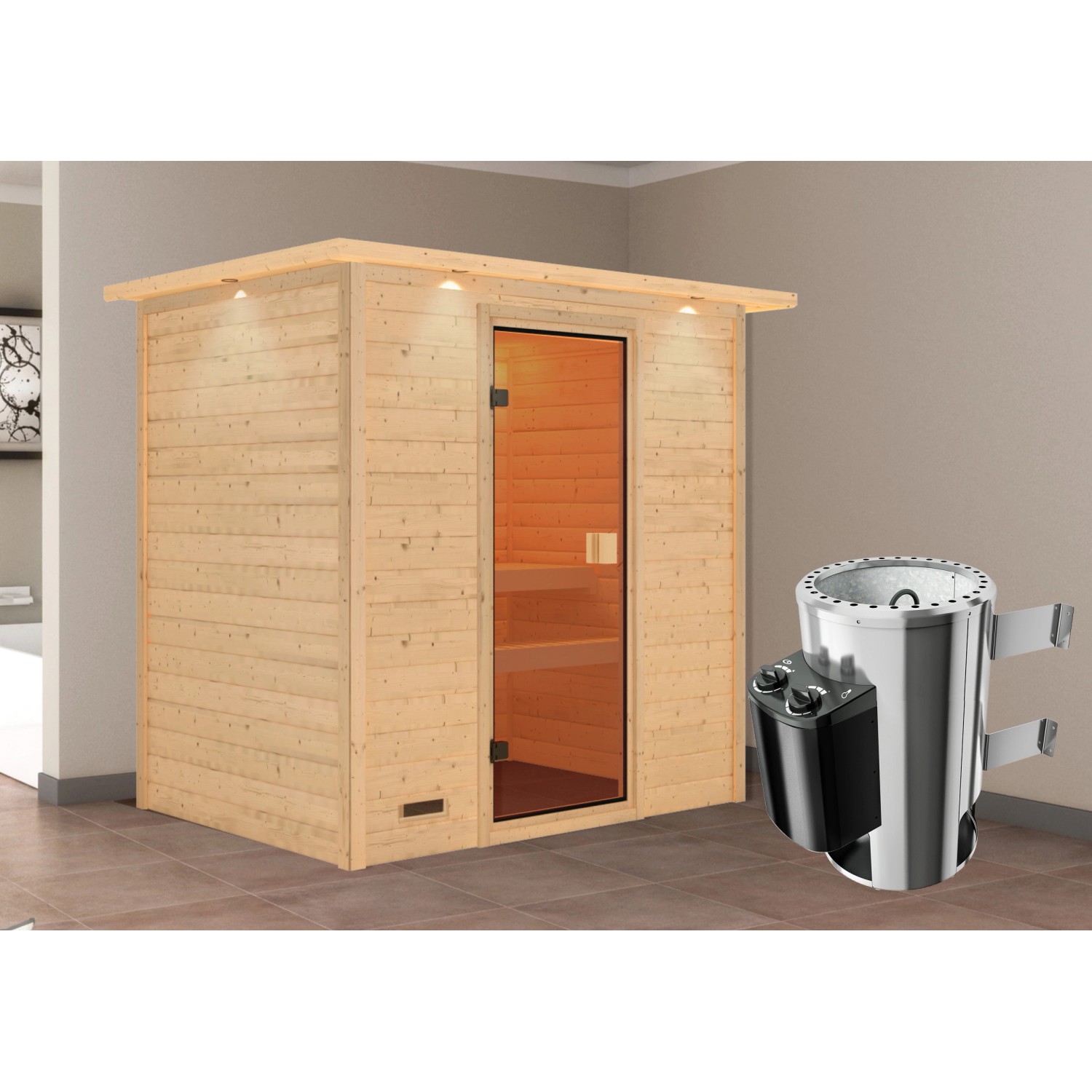 Karibu Sauna Selena mit Ofen intergrierte Stg.LED-Dachkranz Natur