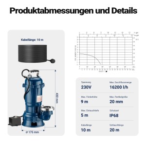 Blaue Wiltec Schmutzwasserpumpe mit 10m Kabel, 20m Schlauch. Zeigt Maße, 16200 l/h Förderleistung, 9m Förderhöhe, IP68.