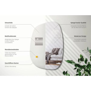 Asymmetrischer Design Wandspiegel mit organischer Form, reflektiert modernes Wohnzimmer. Hochwertiger Spiegel für Bad oder Flur.
