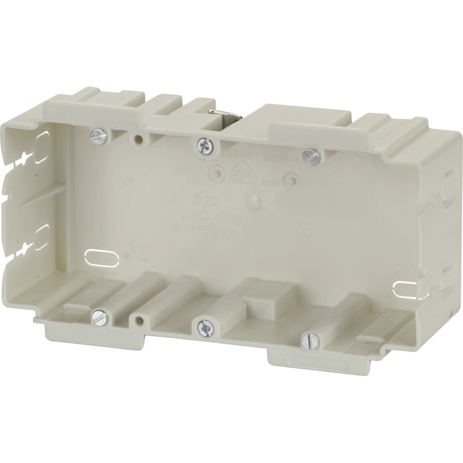 Weiße 2-fach Einbaudose (47x142x68,4 mm) für Brüstungskanäle, geeignet für Schalter und Steckdosen.