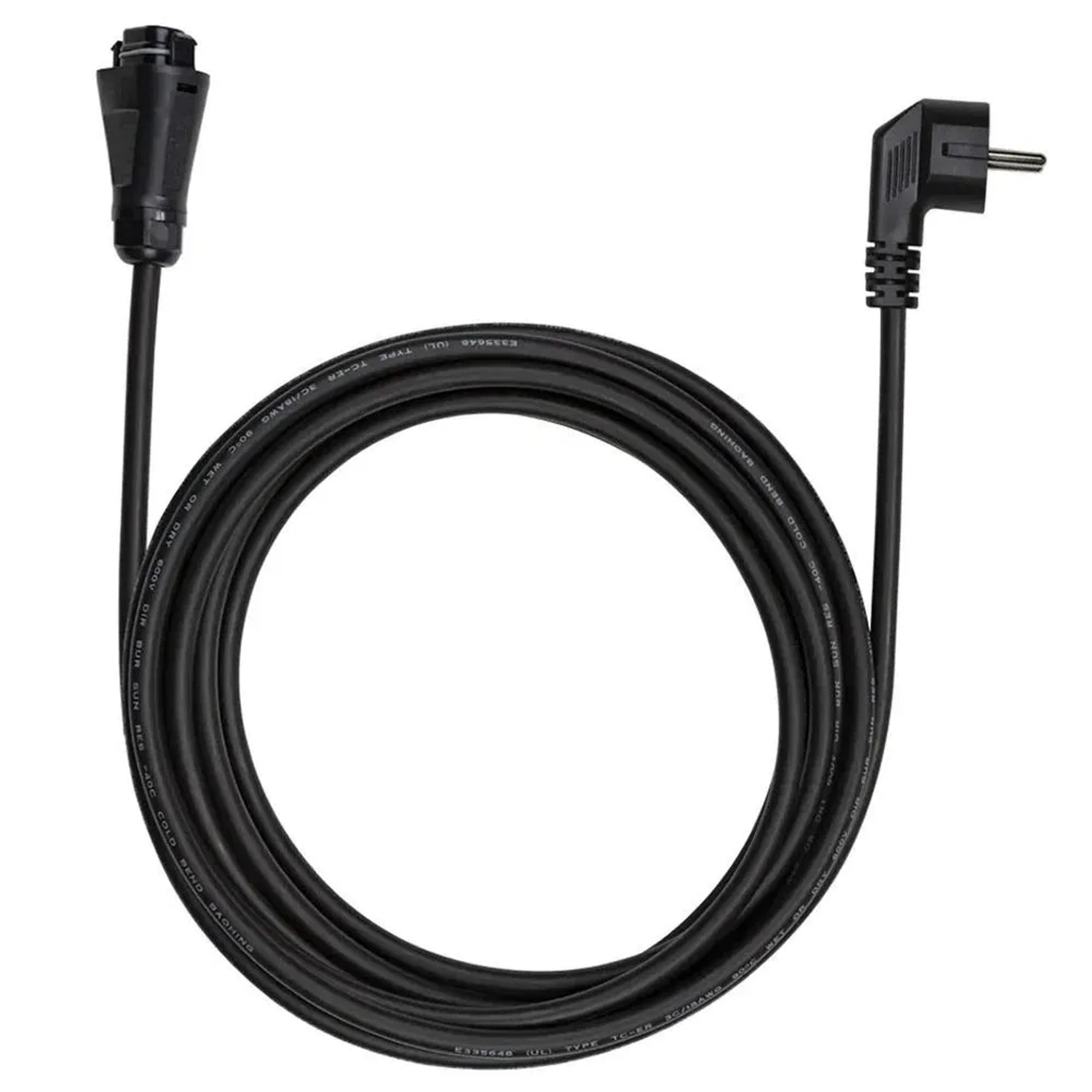 Schwarzes 5m AC-Kabel für Growatt Balkonkraftwerk mit Stecker und Anschluss.