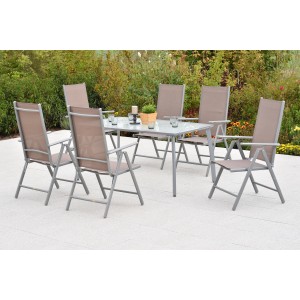 Merxx Amalfi Gartenmöbel-Set, 7-teilig: Gartentisch 150x90 cm mit 6 Klappsesseln in Taupe.