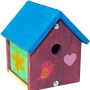 Bemalter Nistkasten-Bausatz Robin aus Holz mit blauem Dach, Blume, Vogel und Herz.