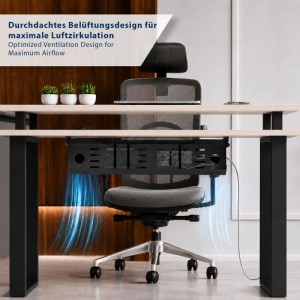 Schwarze SOTECH CAVO Kabelwanne unter Schreibtisch, schwenkbar, mit perforiertem Design für Luftzirkulation. Professionelles Kabelmanagement.