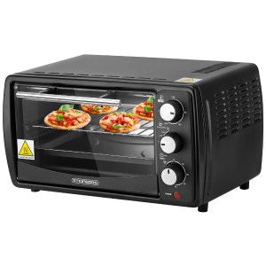 Schwarzer Steinborg Minibackofen mit Pizzen im Garraum, 13 Liter, 1200 Watt.