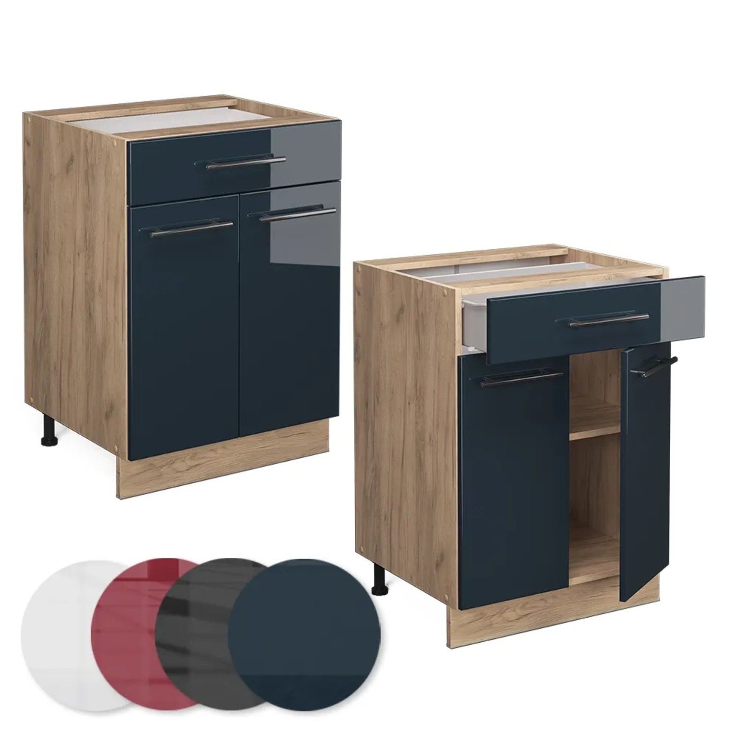 Vicco Küchenunterschrank Fame-Line, dunkelblau/Eiche, 60cm, mit Schublade und anthrazitfarbener Arbeitsplatte.